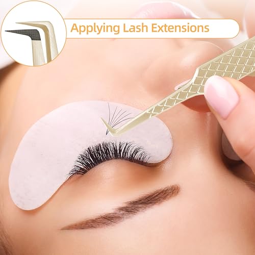 MGER Lash Tweezers for Eyelash Extensions,Diamond Grip 90 Degree Fiber Tip Volume Lash Extension Tweezers,Gold (90 Degree Volume Tweezers)