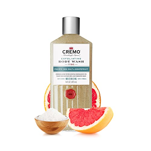 Cremo Rich-Lathering Exfoliating Pacific Sea Salt & Grapefruit Body Wash for Men, A Refreshing Scent with Notes of Fresh Mint, Citron, Cedar and Moss, 16 Fl Oz