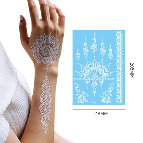 6 Sheets Henna Tattoos Temporary Stickers Flower Lace Lotus Pattern Waterproof Women Body Party Masquerade Halloween DIY Face Arms Legs Art Decoration (White)