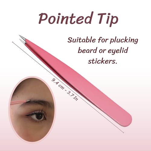 Eyebrow Tweezers for Women with Slanted, Splinter, and Pointed Tips. Professional Tweezers for Women Facial Hair for Eyebrow Care. 4 Piece Pinzas para Cejas Set. (PinkTweezer)