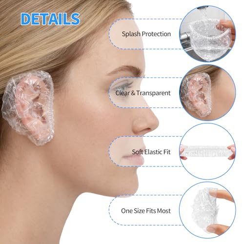 200 Pcs Disposable Waterproof Ear Covers for Shower Hair Dye & Bathing - Clear Plastic with Elastic, One Size for Adults - Creztail