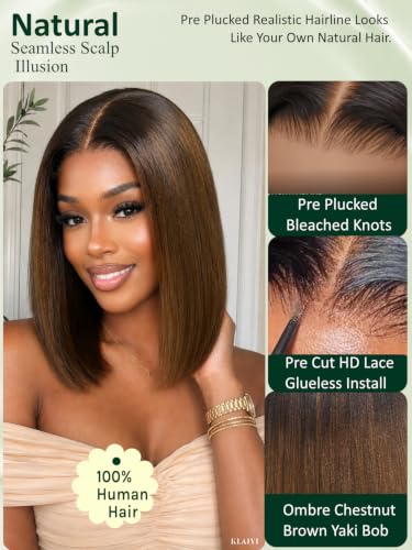 KLAIYI Glueless Bob Wig 14" Yaki Straight Chestnut Brown Human Hair