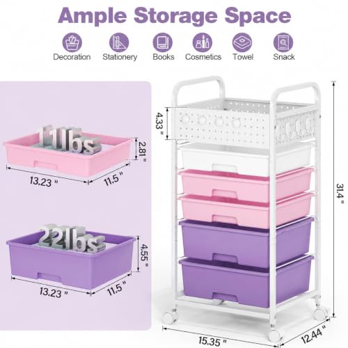 Dreamy Color 5-Drawer Rolling Storage Cart with Pegboard Top & Hooks - SYKIARIOL