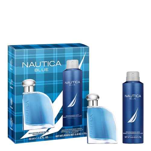 Nautica Blue Giftset 1.6 fl oz EDT + 6 oz Deodorizing Body Spray, Notes of Basil, Jasmine, and Cedarwood, Men's Fragrance, Long Lasting, Everyday Fragrance