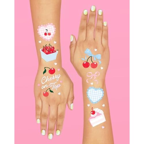 xo, Fetti Cherry Temporary Tattoos - 50 Iridescent Foil Pcs | Ma Cherie Baby Shower, Cherry on Top Bachelorette Decorations, Birthday Decor, Kids Picnic Tablescape