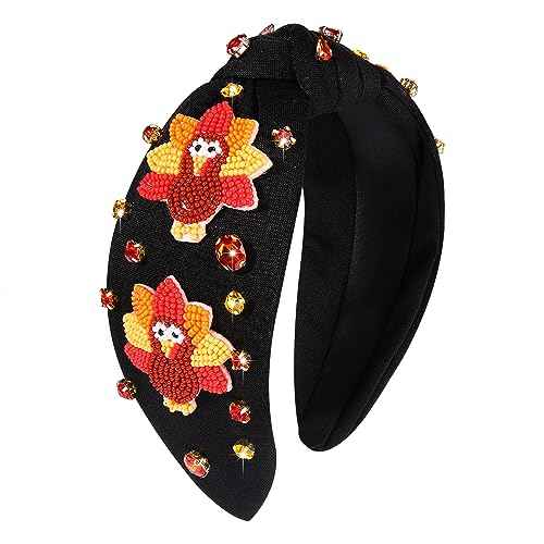 boderier Thanksgiving Headband Beaded Turkey Headband Jeweled Crystal Knotted Headbands for Women Thanksgiving Fall Costume Outfit Accessory Gift (Turkey)