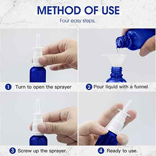 FZENeast Nasal Spray Bottle, 6 Pcs 30ML/1oz Glass Refillable Continuous Fine Mister Spray Bottles, Small Empty Nasal Sprayer with Different Sprayers, Funnels, Travel Clips and Labels(Blue)