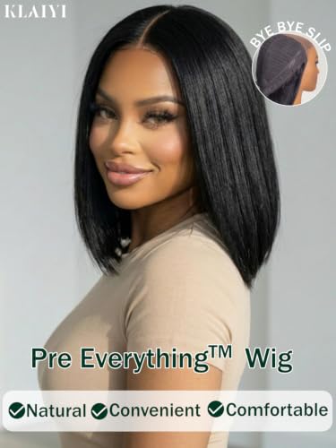 KLAIYI Yaki Straight Bob Wig Human Hair Glueless 13x4 Lace Front, Pre-Plucked & Ready to Wear, 12 Inch