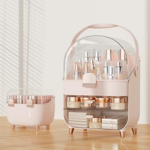 Makeup Organizer for Vanity with perfume Storage Box, Countertop Skincare Organizer with 2 Drawers, Cosmetic Display Case for Perfumes, Eyeshadow Palettes, Nail Polishes, Pink