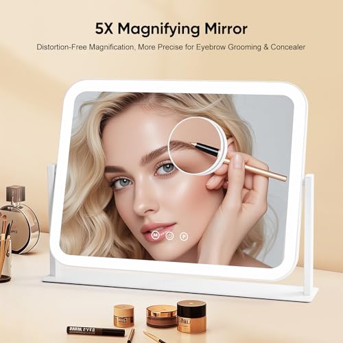 Vanity Mirror with LED Lights, 17.4x13.5 Inch Professional Makeup Mirror, 3 Color Modes & Adjustable Brightness, 5X Magnifying Mirror, Smart Touch Control, 360¡Æ Rotation
