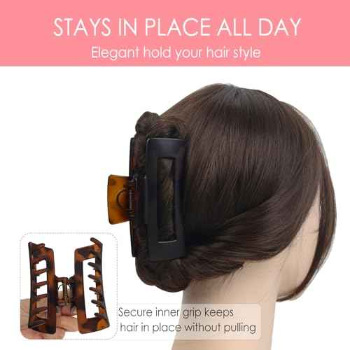 Claw Clip for Women, 4.3" Large 360¡Æ Grip Butterfly Spring Hair Clip, Matte Claw Clips 2 Pack - Strong Hold Rectangle Clips, Durable for Thick Hair, Black & Tortoise