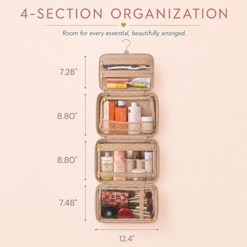 Pink Vegan Leather Travel Toiletry Bag for Women - Large Makeup Organizer