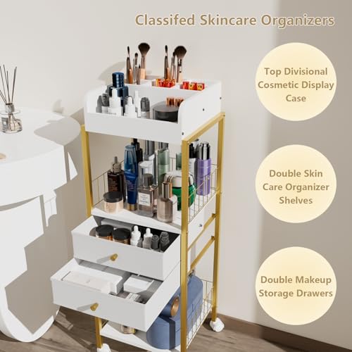 Lurcns Gold Makeup Organizer Cart with Drawers & Wheels - Vanity Storage Solution