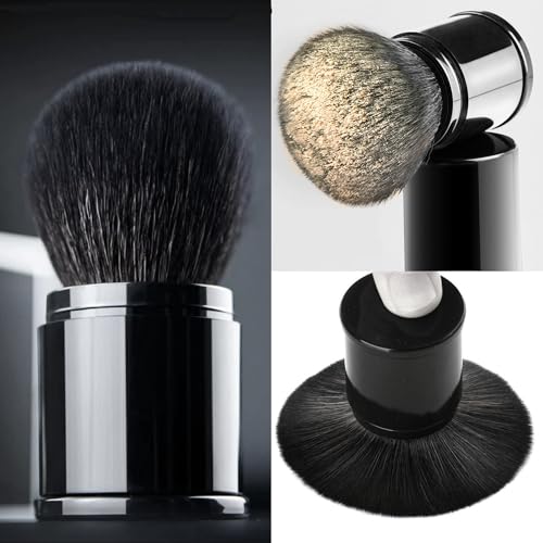 Retractable Kabuki Makeup Brush - Premium Goat Hairs Blush Brushes Great for Blending Liquid, Cream, Mineral Cosmetics or Translucent Powder (Black - Goat Hairs)