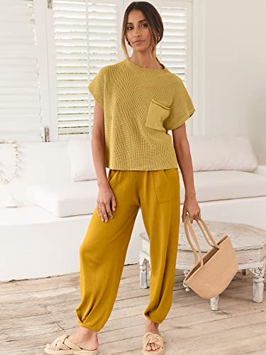 ANRABESS Women's Two Piece Outfits Knit Sweater Pullover Crop Top & Pants Lounge Matching Tracksuit Sweatsuit Sets 2024 Trendy Loungewear Clothes Yellow Small