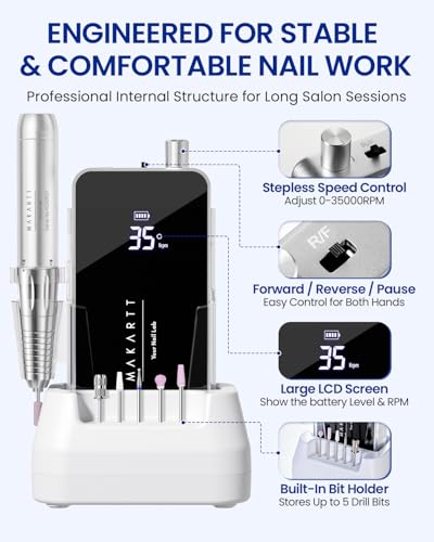 Makartt Nouvella Black 35000RPM Pro Nail Drill E-File—Cordless 60W with LCD
