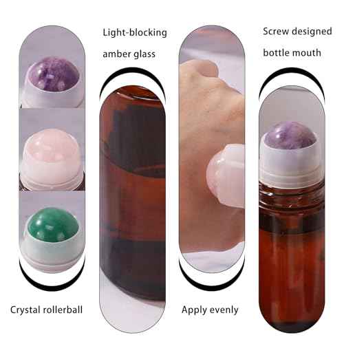 2 pack Large Amber Glass Roll on Bottles for Essential Oils Perfume Refillable Roller Ball Applicator Empty Deodorant Containers with Purple Crystal Rollerball