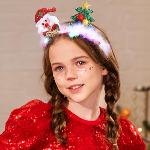 JEAIRTS Light Up Christmas Headband Red Christmas Tree Hair Band Reindeer Antlers Xmas Headwear Led Holiday Hair Accessories (2-LED Reindeer Antlers)