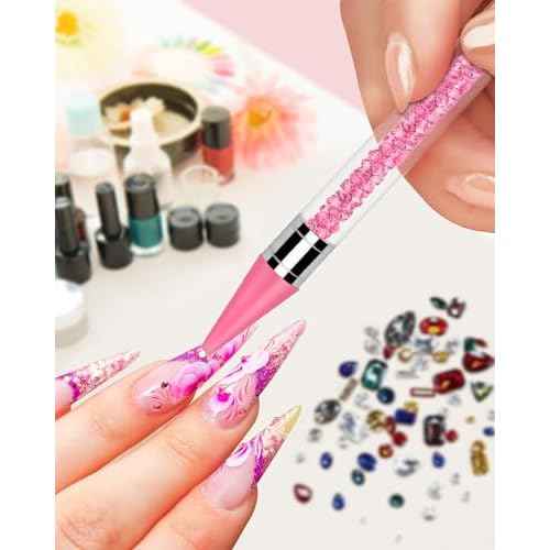 Rhinestone Picker Tool Set,Rhinestone Applicator Tool,Rhinestone Picker Dotting With 4 Extra Pink Replaceable Wax Head and 2 Tweezer (Pink A)