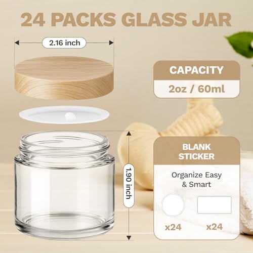 Bumobum 2 oz Small Glass Jars with Plastic Woodgrain Lids, 24 Pack Clear Glass Cosmetic Jars with Inner Liners, 60ml Refillable Empty Sample Containers for Cream, Salve, Powders and Lotion Storage