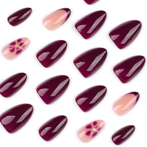 Burgundy Floral Press On Nails with French Tips - 24PCS