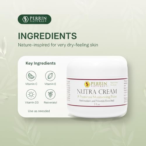 Perrin Naturals Nutra Cream, Concentrated Moisturizing Balm for Very Dry Skin, Targeted Dry Skin Cream for Hands, Heels & Elbows, Skin Barrier Support, Vitamins C E D3 + Resveratrol, 2 oz