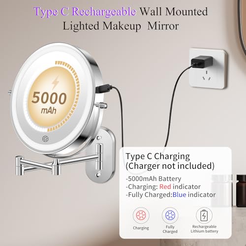 FUNTOUCH 5000mAh Rechargeable Wall Mount Makeup Mirror 1X/30X Magnifying