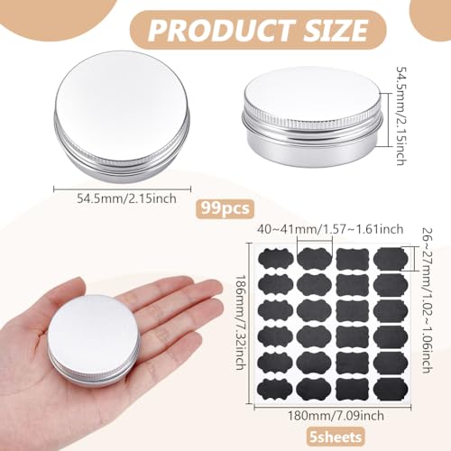 99Pcs Round Tin Cans, 1 oz/30ml Aluminum Containers with Screw Lid Small Tins with 5 Sheets Paper Label Travel Cosmetic Containers for Lip Balms Lotion Bars Candles Christmas(Silver)