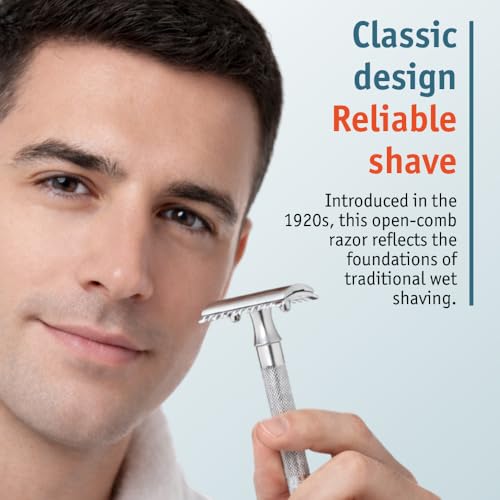MERKUR 25C Double Edge Safety Razor in Bright Chrome with an Open Comb Design, Long Handle, Made in Germany, Plastic-Free, Three-Piece Design, and Straight Bar