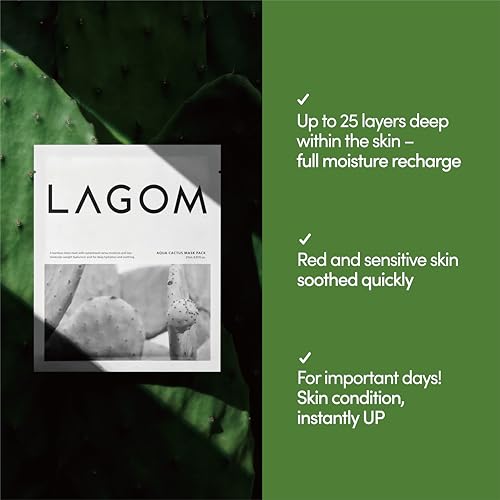 LAGOM Aqua Cactus Mask Pack- 5 Facial Sheet, Moisture Recharge, Cool Heated Skin, Red Sensitive Skin, Korean Skincare (0.91fl oz x 5 sheets)