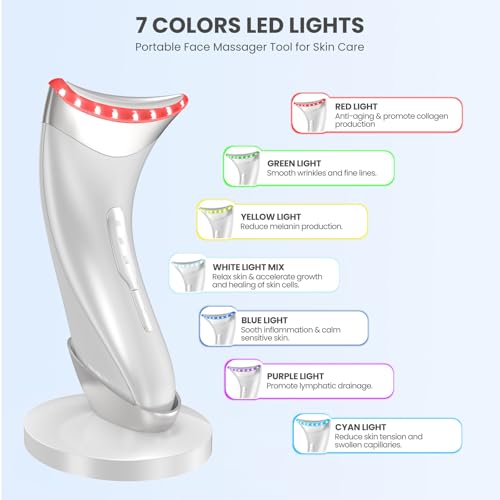7 Color Light Face and Neck Massager Tool of Double Chin Reducer, Facial Massager with Adjustable Vibration and Thermals for Wrinkles Face Sculpting Tool with Base (White)