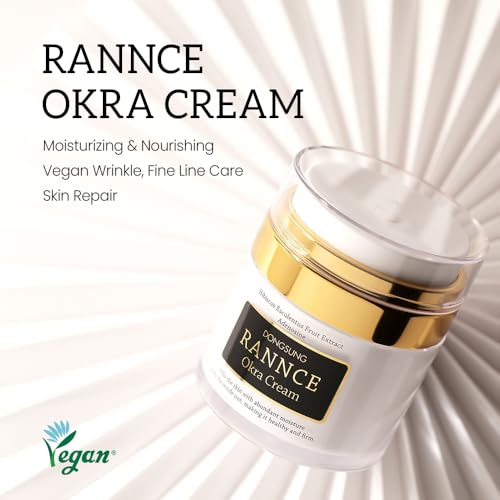 Rannce DONGSUNG Okra Cream, 1.76oz Vegan Mucin Cream form Korea Anti Aging Face Cream with Functional Okra Extracts, Wrinkle Improvement, Hydrates and Moisturizes Skin, Improves Firmness, 50g