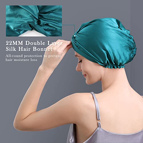 DAISYSILK Peacock Blue 22 Momme 100% Mulberry Silk Sleep Bonnet with Adjustable Tie