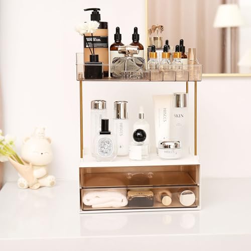 Elegant 2-Tier 2-Drawer Bathroom Countertop Organizer, Multi-Purpose Makeup & Skincare Organizer, Champagne Gold