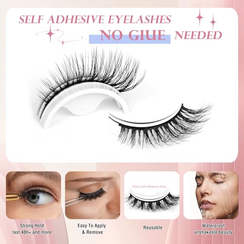 Self Adhesive Lashes False Eyelashes Natural Pre-glued Easy Lashes for Beginners No Glue Needed Press on Eyelashes Waterproof Wispy Strip Lashes by MERETON(6D28 12mm £©