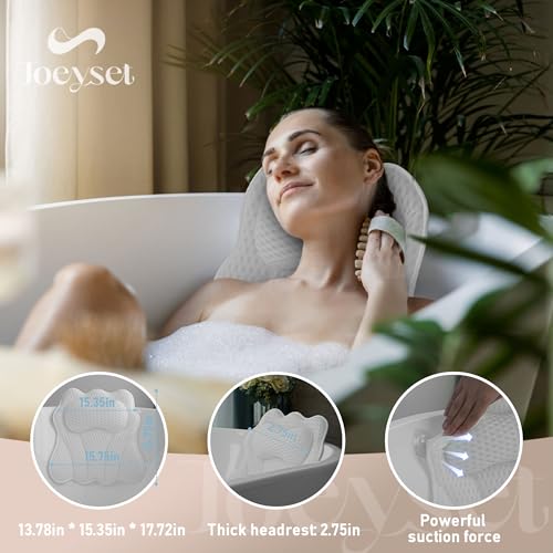 Bath Pillow for Tub, 4D Air Mesh Breathable Fabric, Soft Supportive Bathtub Cushion for Head Neck Back, Ergonomic Spa Pillow with Strong Suction Cups, Quick-Drying, Machine Washable (White)