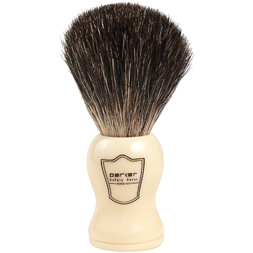 Parker 100% Black Badger Bristle Shaving Brush with White Handle?Extra Dense Badger Bristles Shave Brush Create a Superior Lather?Brush Stand Included