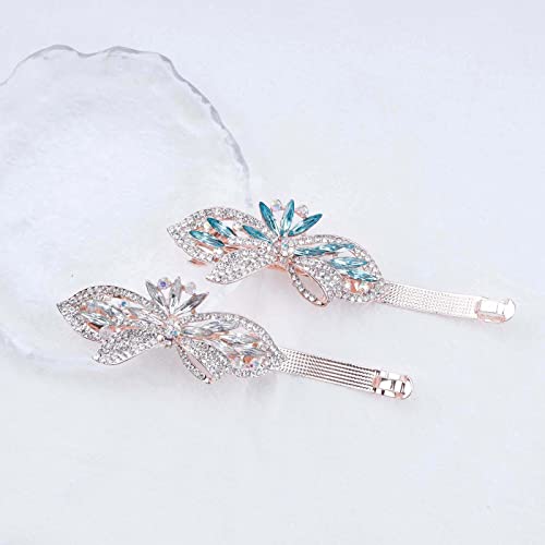 Yheakne Crystal Wedding Hair Clip Barrette Blue Rhinestone Hair Barrette Clip Bling Bridal Headpieces Decorative Head Clip Headwear Crystal Bride Hair Accessories for Women and Girls Gifts for Bridesmaid (Blue)