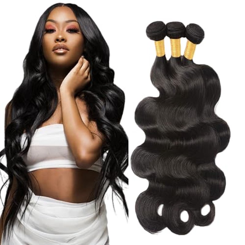 Body Wave Human Hair Extensions - 18/20/22 Inch Bundles, #1B Natural Black