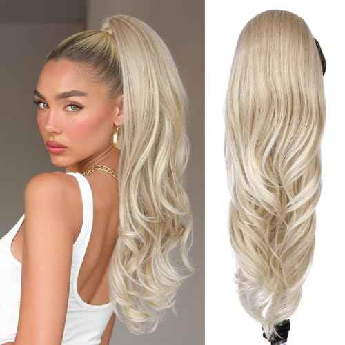 WIGER Ombre Blonde Ponytail Extension 26 Inch Drawstring Ponytail Extension for Women Long Wavy Layered Pony Tails Hair Extensions for Girls Daily Use