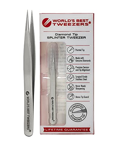 World's Best Tweezers Diamond Tip Splinter Tweezers - Diamond Coated, Professional Precision Needle Nose Pointed Tweezer for Ingrown Hair, Splinter, Ticks, and Glass Removal - Stainless Steel