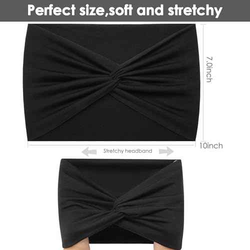 Extra Wide Headbands for Women, 7'' Large Cotton Like Turban Knotted Bandana Head Bands for Women Non Slip, Boho Headbands for Women's Hair (All Black-6Pcs, Extra Large 7" Wide)