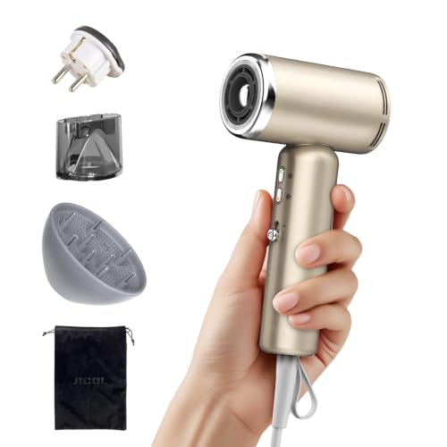 JIGGL Gold Dual-Voltage High-Speed Travel Hair Dryer with Ionic & Attachments