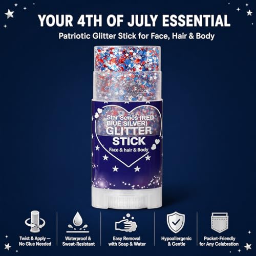 Patriotic Red White Blue Glitter Stick - 2 Pack, Waterproof Face & Body Makeup