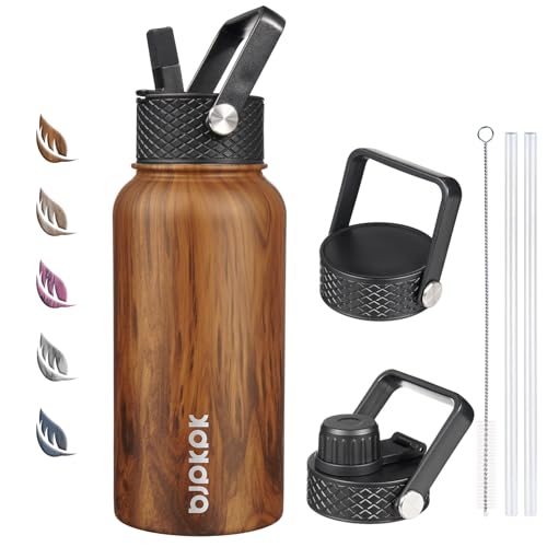 BJPKPK Insulated Water Bottles with Straw Lid, 27oz Stainless Steel Water Bottle with 3 Lids, Leak Proof BPA Free Metal Thermos Mug, Sports Water Bottle Keep Cold & Hot- Teakwood