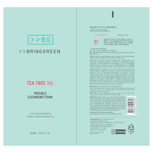 BRING GREEN Tea Tree Cica Trouble Cleansing Foam | Mild Cleanser for Exfoliation, Removes Blackheads, Whiteheads, Facial Residue, for Trouble, Irritated, Sensitive Skin (10.1 Fl. Oz., 300ml)