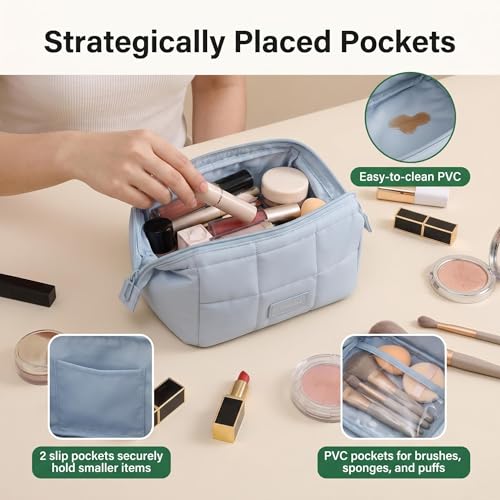 Travel Makeup Bag with Brush Pocket & Compartments Blue
