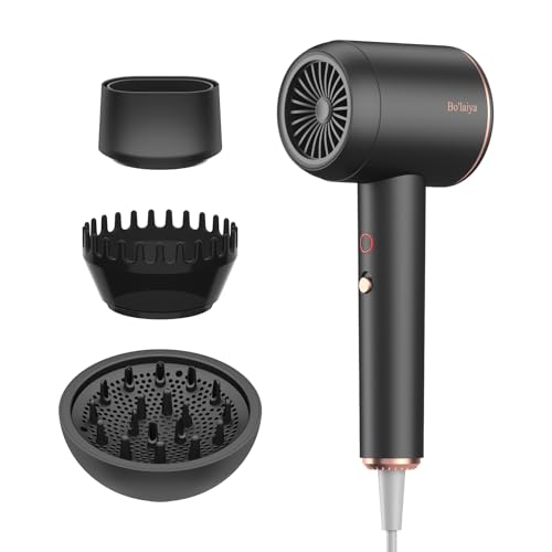 Black Professional Ionic Hair Dryer with Diffuser & Nozzle - Fast, Low Noise Styling