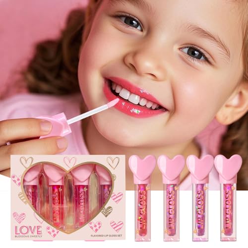 Heart Charm Lip Gloss Set for Girls - 4 Pack Fruity Flavors