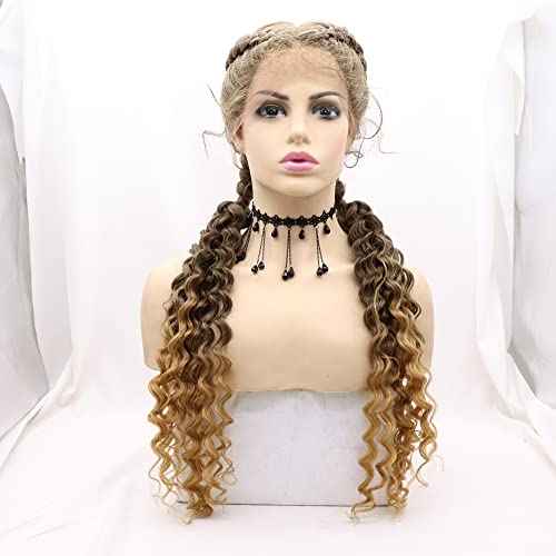 xiweiya Brown Braided Wig Double Dutch Braided Curly Sytnhetic Lace Front Wigs100% Human Hand Bouncy Curly Copper Brown Blonde Lace Front Wig with Baby Hairs for Women 26inch